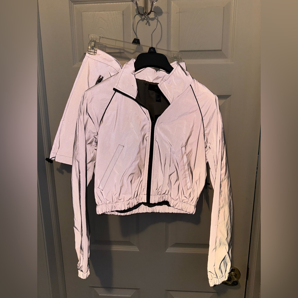 Grey and black Forever 21 reflective jacket and skirt set #rave #halloween